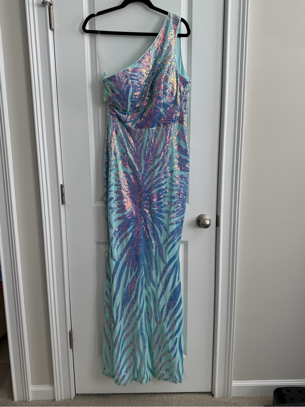 One-Shoulder Aqua Sequin Evening Gown